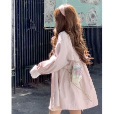 批发蕾丝花边撞色拼接袖口设计感风衣外套2025款韩系粉色超好看女上衣