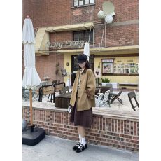 批发韩系复古巴恩风卡其色<b class='q'>风衣</b>外套女秋季新款拼接格纹撞色<b class='q'>中长款</b>夹克