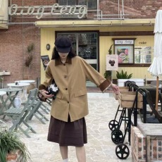 批发韩系复古巴恩风卡其色风衣外套女秋季新款拼接格纹撞色中长款夹克