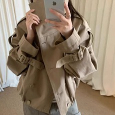 批发超好看流行款卡其色夹克外套百搭双排扣设计感长袖<b class='q'>通勤</b>上衣开衫款