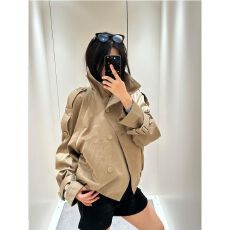 批发韩系卡其色百搭款双排扣立领风衣外套女秋<b class='q'>冬</b>高级感宽松版型休闲款