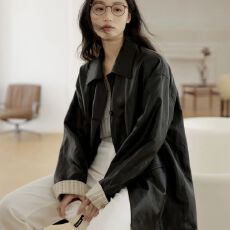 批发黑色气质条纹拼接PU皮衣女2025初春新款韩版中长款风衣长袖<b class='q'>通勤</b>款