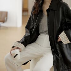 批发黑色气质条纹拼接PU皮衣女2026初<b class='q'>春</b>新款韩版中长款风衣长袖通勤款