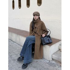 批发赫本风牛角扣呢子大衣女生款休闲小个子高级感中长款外套秋冬上衣