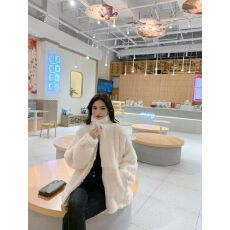 批发百搭款秋冬保暖加厚外套宽松懒兔毛皮草立领设计感拉链式开衫上衣