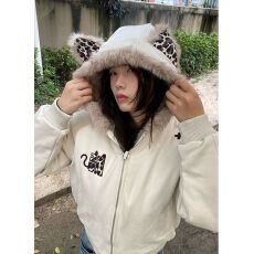 批发【夹棉 麂皮绒】豹纹设计上衣连帽<b class='q'>外套</b>百搭款毛领女款冬装