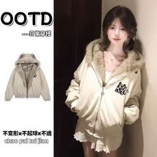 批发【夹棉 麂皮绒】拉链式百搭款高级感连帽衫<b class='q'>外套</b>上衣女冬装