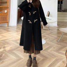 批发黑色毛呢子中长款通勤韩系秋冬款加厚保暖大衣时髦百搭超好看女装