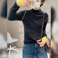 批发设计感柔软亲肤针织衫2026春季撞色长袖打底衫洋气百搭显瘦上衣女