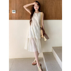 批发超好看法式复古温柔风假两件百褶无袖<b class='q'>背心</b>连衣裙女气质长裙休闲款