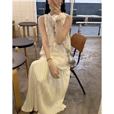 批发2026新款提花无袖不撞款裙子杏色女生<b class='q'>长裙</b>夏季韩系圆领女生A字裙