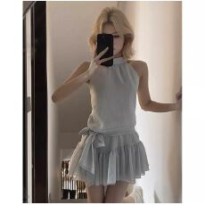 批发女款性感短裙绑带收腰<b class='q'>荷叶边</b>休闲常规款百搭女生短裙圆领无袖裙子