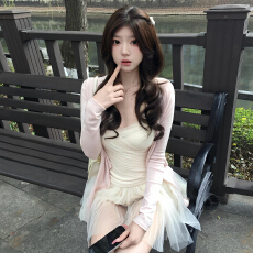 批发粉色v领交叉绑带T恤<b class='q'>开衫</b>女春夏韩系纯欲修身显瘦外穿长袖防晒上衣