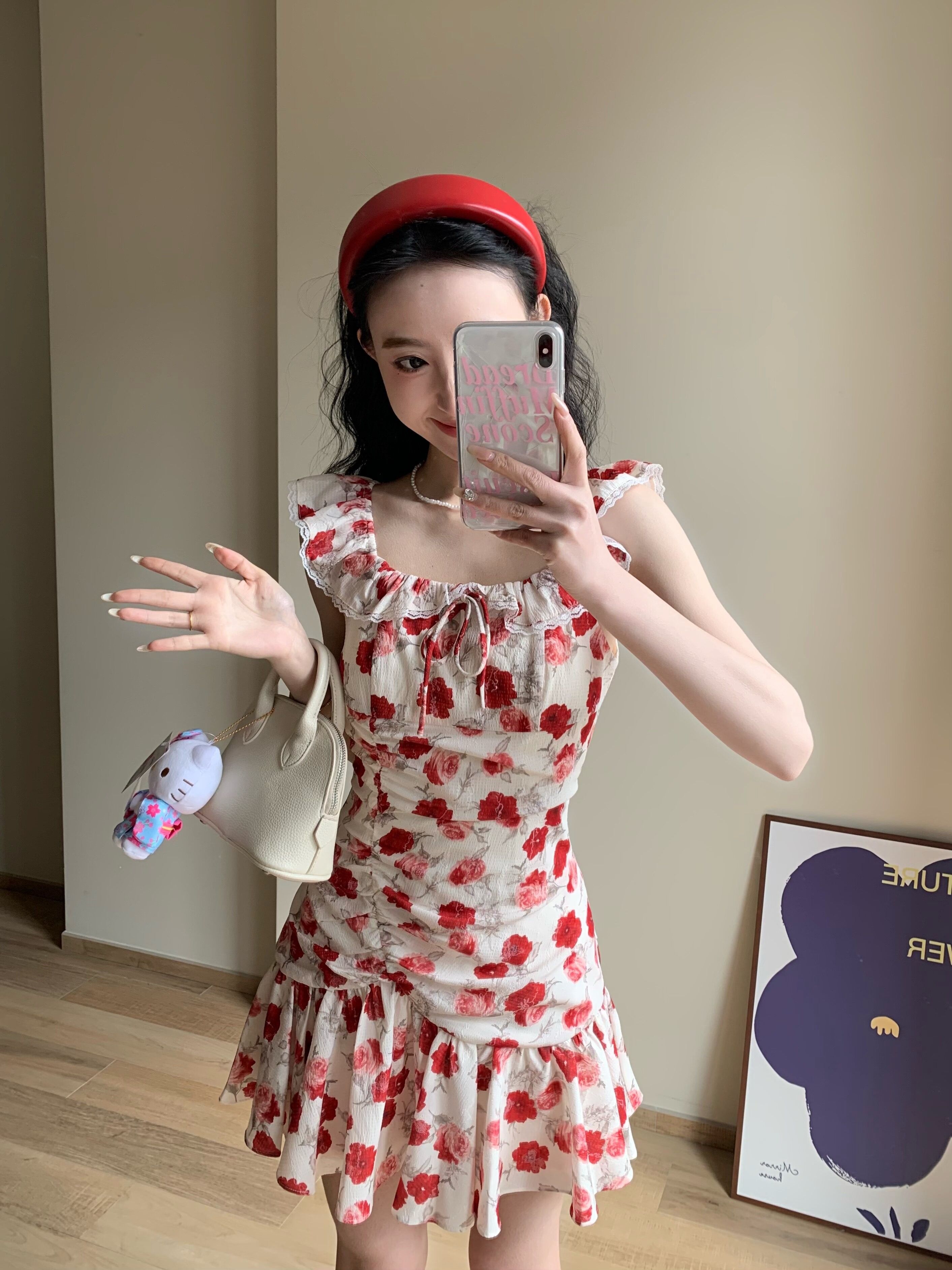 프랑스식 휴가 바람 작은 날다 소매 꽃무늬 여성 드레스 여름 작은 키 허리 수축 슬림해 보이는 해변 해변가 민소매 치마