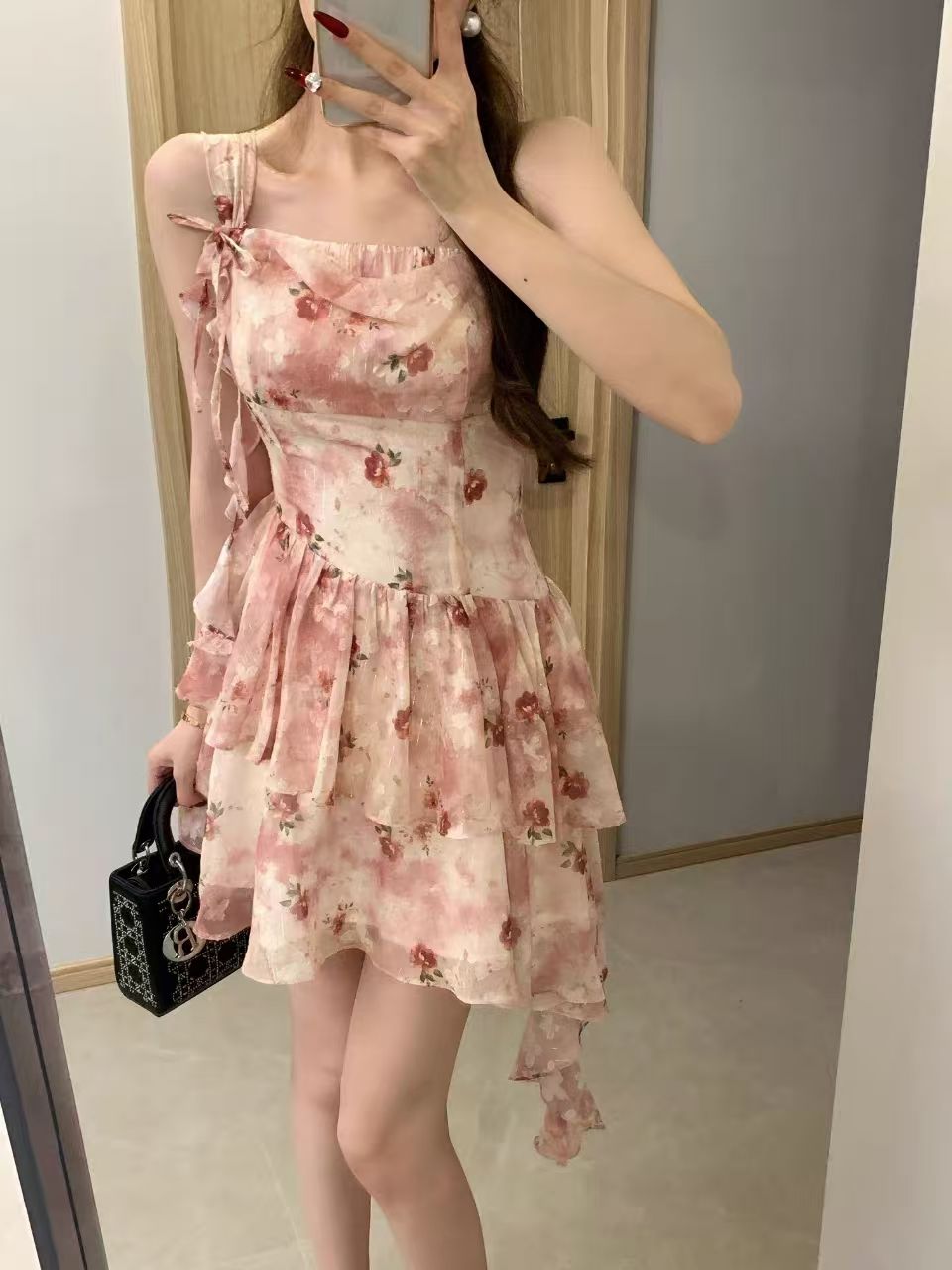 새로운 부드러운 바람 달콤함 행침 목 꽃무늬 허리 수축 퍼프 슬립 드레스 작은 키 아름다운 드레스 슬립 여성 의류