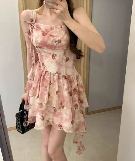 새로운 부드러운 바람 달콤함 행침 목 꽃무늬 허리 수축 퍼프 슬립 드레스 작은 키 아름다운 드레스 슬립 여성 의류