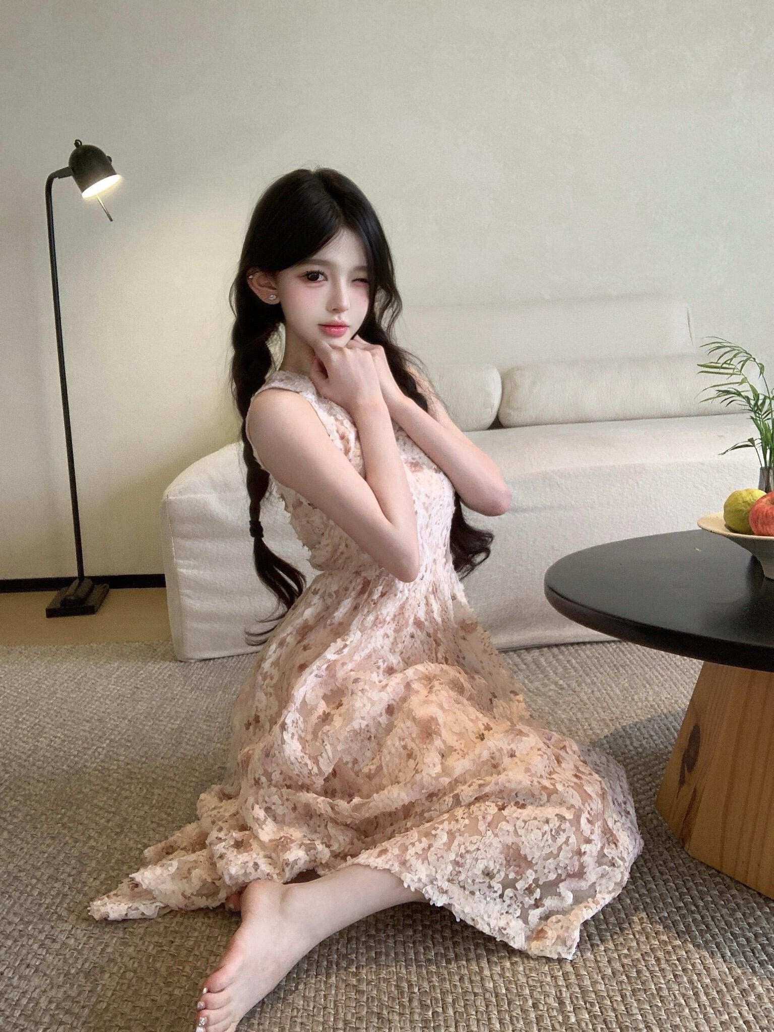 2026 부드러운 품격 꽃무늬 조끼 롱 스커트 여성 여름 아름다운 휴가 핑크색 꼬집기 허리 요정 드레스 작은 키