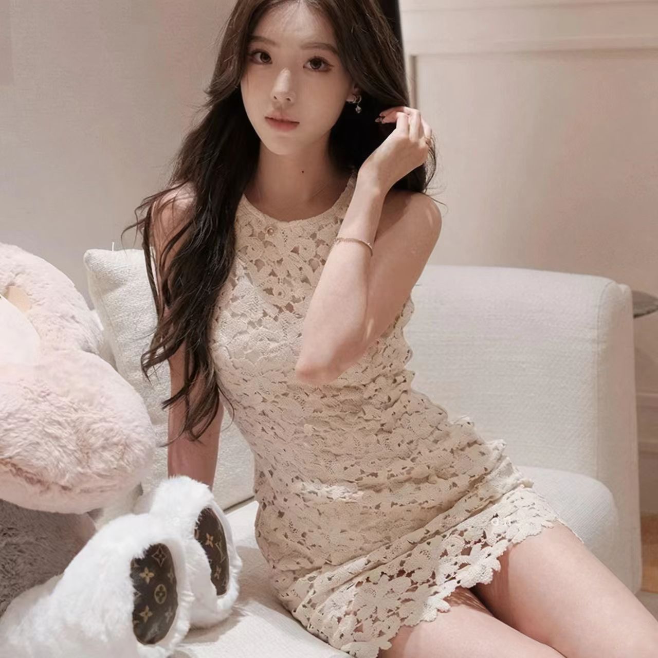 품격 여성 드레스 명문 여성 천 금빛 바람 생일 party 예복 무거운 작업 레이스 디자인 허리 수축 조끼 미니 스커트