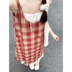 批发女夏季新款假两件撞色拼接气质中长裙子度假风系带格纹吊带连衣裙