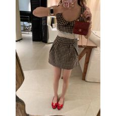 批发法式复古格子娃娃领无袖连衣裙子女夏小个子蕾丝收腰显瘦背心短裙