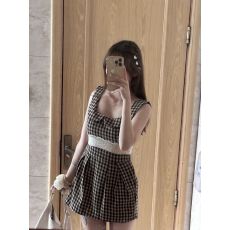 批发法式复古格子娃娃领无袖连衣裙子女夏小个子蕾丝收腰显瘦背心短裙