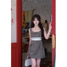 批发法式复古格子娃娃领无袖连衣裙子女夏小个子蕾丝收腰显瘦背心短裙