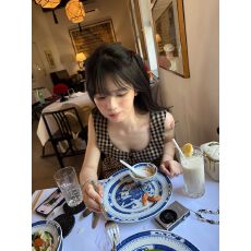 批发法式复古格子娃娃领无袖连衣裙子女夏小个子蕾丝收腰显瘦背心短裙