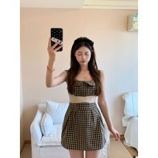 批发法式复古格子娃娃领无袖连衣裙子女夏小个子蕾丝收腰显瘦背心短裙