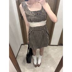 批发韩系甜妹穿搭娃娃领格子背心连衣裙女春夏蕾丝边收腰无袖设计短裙