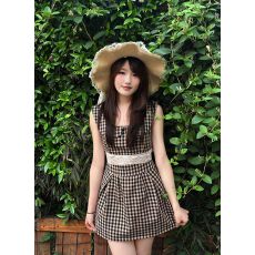 批发法式复古格子娃娃领无袖连衣裙子女夏小个子蕾丝收腰显瘦背心短裙