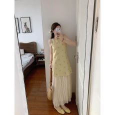 批发夏季富家千金甜美无袖背心连衣裙<b class='q'>百褶</b>半身裙假两件设计黄色连衣裙