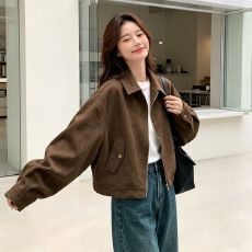 批发咖色复古美拉德麂皮绒外套女短款2026秋新款韩版又酷又飒圆领夹克