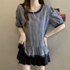 批发<b class='q'>实拍</b><b class='q'>大码</b>胖mm韩系复古格子衬衫蕾丝泡泡袖格子衬衫女