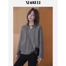 批发连帽毛衣2024秋冬新款女装韩版时尚V领宽松上衣慵懒风长袖针织衫