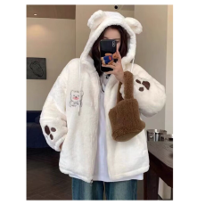 批发冬季夹棉加厚学院风可爱小熊羊羔毛绒衫外套女少女风可爱软妹棉衣
