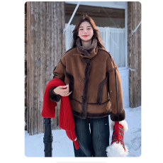 批发皮毛一体外套加绒加厚皮衣女冬季2025新款美拉德摇粒绒机车服夹克