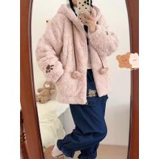 批发日系可爱小熊耳朵羊羔毛绒外套女秋冬加绒加厚韩系毛茸