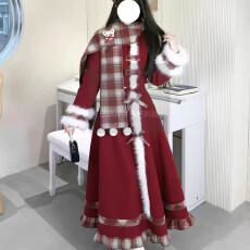 批发秋冬氛围感甜美格子拼接毛呢围巾外套长裙<b class='q'>三件套</b>装女