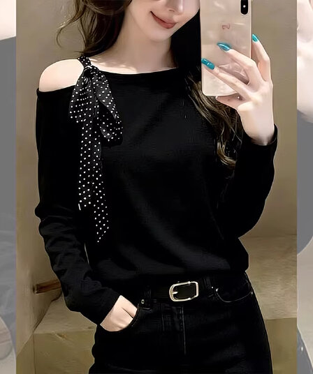 패션 트렌드 작은 대중 다용도 미니멀리즘 스트랩 오프숄더 티셔츠 봄 긴팔 고급 센스 캐주얼 바람 맨위 작은 셔츠