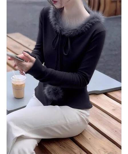 부드러운 바람 털 모피 칼라 패치워크 레이스업 긴팔 티셔츠 여성 봄 가을 새로운 디자인 센스 외국 가스 기본 셔츠 맨위