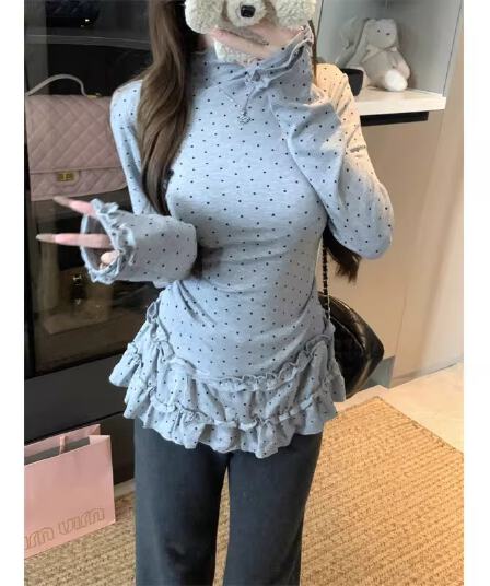 원본 품질 사람들 면 리브 프랑스식 레이스 도트 무늬 긴팔 티셔츠 반하이넥 맨위