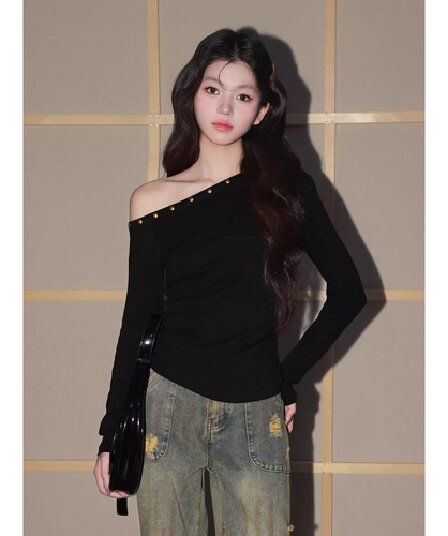 원본 품질 비스듬한 어깨 징 긴팔 티셔츠 여성 몸매 가꾸기 기본 셔츠 맨위