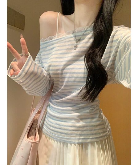원본 품질 달콤한 스타일 레이스 조각 비스듬한 어깨 긴팔 티셔츠 오프숄더 맨위