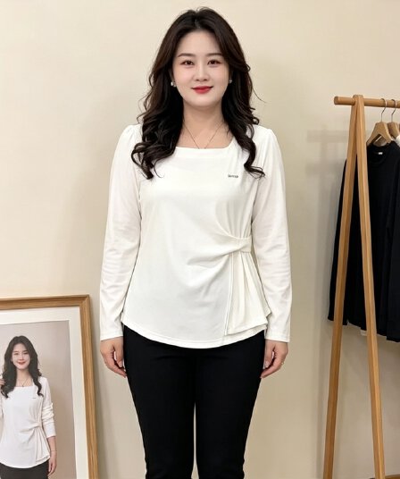 지방 mm 봄 가을 새로운 느긋한 바람 트임 여성 티셔츠 빅 사이즈 루즈핏 슬림해 보이는 품격 패션 연령 감소 다용도 맨위
