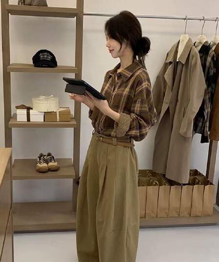 양면 면사 캐주얼 레트로 체크무늬 긴팔 세련된 셔츠 느긋한 이른 가을 루즈핏 다용도 셔츠 재킷 셔츠