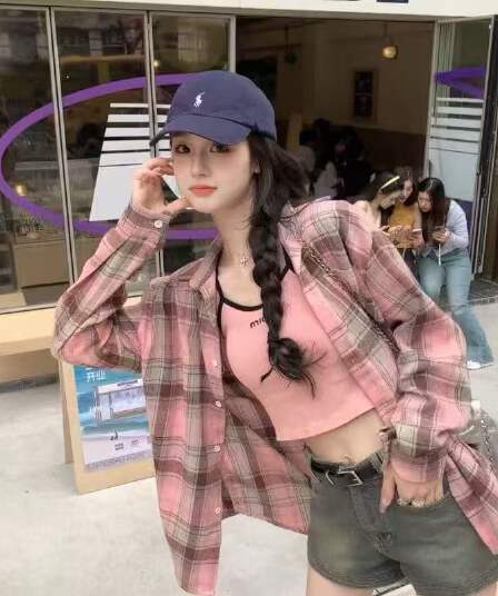 핑크색 연삭 털 여성 셔츠 고급 센스 새로운 년 가을 체크무늬 중간 길이 루즈핏 막대기 표준 긴팔 맨위