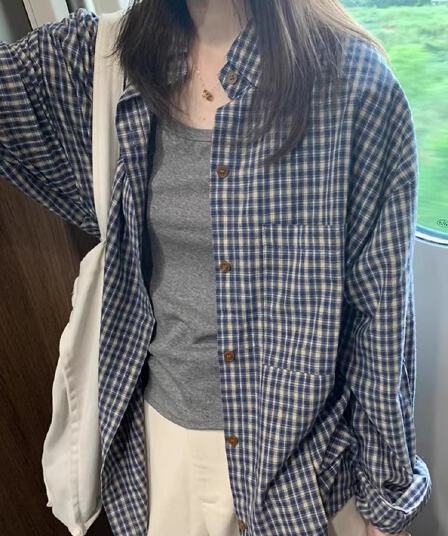 긴팔 격자 무늬 셔츠 여성 코트 새로운 디자인 센스 작은 대중 한 부서 품격 셔츠 루즈핏 맨위