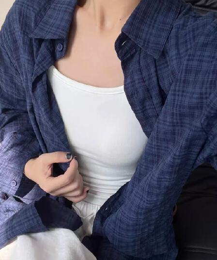 원본 품질 블루 격자 무늬 셔츠 여성 셔츠 디자인 센스 작은 대중 긴팔 셔츠