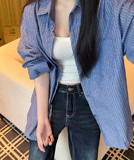 워싱 면 100% 레트로 블루 스트라이프 긴팔 여성 셔츠 여름 얇은 스타일 새로운 오픈 가디건 셔츠 맨위