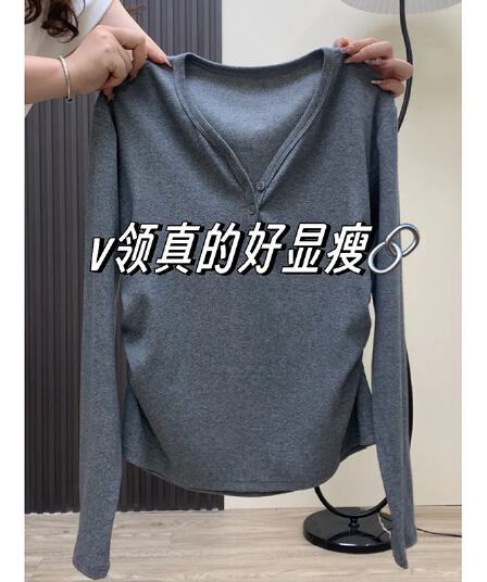 불규칙 검정색 V넥 긴팔 티셔츠 기본 셔츠 여성 외국 가스 인사이드 가져 가라. 허리 수축 맨위 캐주얼 표준 라운드 넥